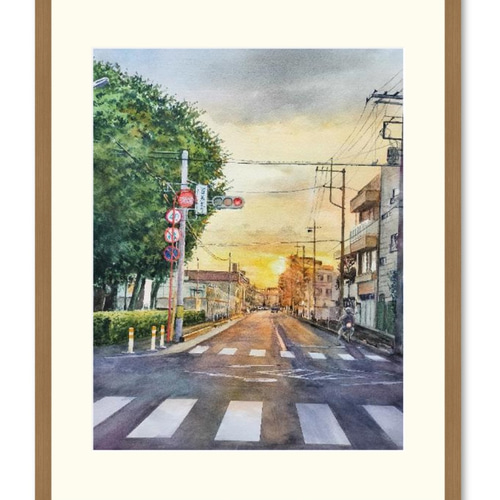 絵画 水彩画 風景画 画題「夕暮れの交差点」 絵画 yamakasumi56