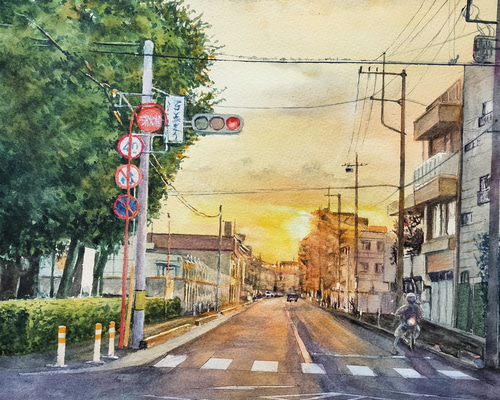 絵画 水彩画 風景画 画題「夕暮れの交差点」 絵画 yamakasumi56