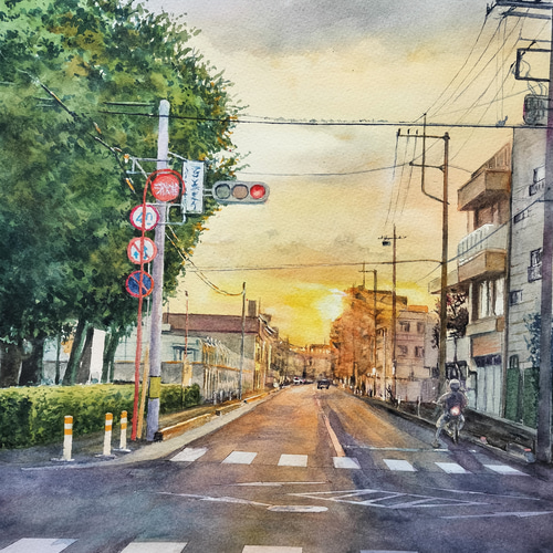 絵画 水彩画 風景画 画題「夕暮れの交差点」 絵画 yamakasumi56 通販