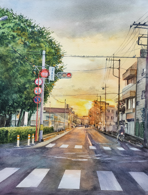 絵画 水彩画 風景画 画題「夕暮れの交差点」 絵画 yamakasumi56