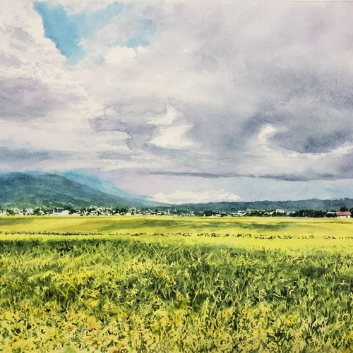 絵画 水彩画 風景画 画題「雲間の光を受けて」 絵画