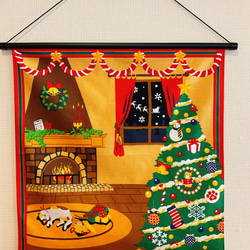 12月ウォールデコ【みけのクリスマス】軸付きタペストリー クリスマスツリー 三毛猫 猫タペストリー 安心の追跡あり配送 2枚目の画像