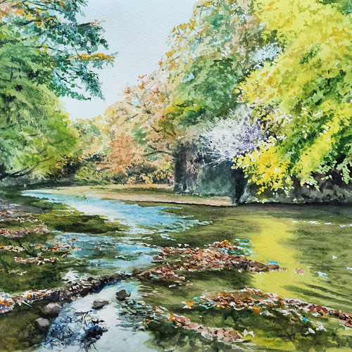 絵画 水彩画 風景画 画題「色付く西郷瀞」 絵画 yamakasumi56