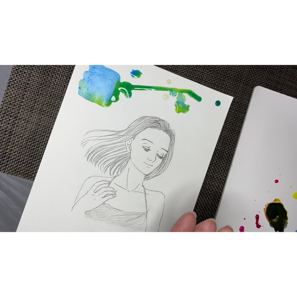オリジナル手描きイラスト #09 「偶然の発見」鉛筆画と水彩画のおしゃれな美人画アート  B5グリーン緑 4枚目の画像