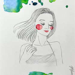 オリジナル手描きイラスト #09 「偶然の発見」鉛筆画と水彩画のおしゃれな美人画アート  B5グリーン緑 3枚目の画像
