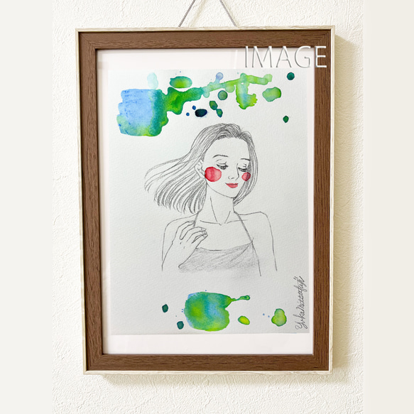 オリジナル手描きイラスト #09 「偶然の発見」鉛筆画と水彩画のおしゃれな美人画アート  B5グリーン緑 2枚目の画像