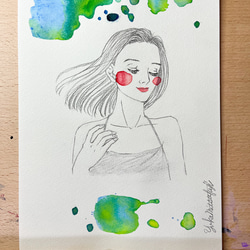 オリジナル手描きイラスト #09 「偶然の発見」鉛筆画と水彩画のおしゃれな美人画アート  B5グリーン緑 1枚目の画像
