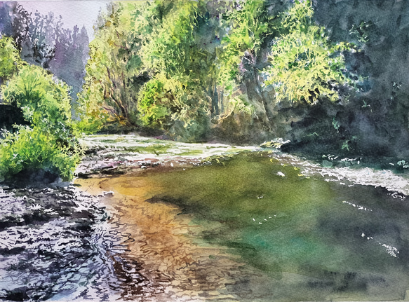 絵画　水彩画　風景画　画題「初夏の川」 1枚目の画像