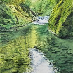 絵画　水彩画　風景画　画題「川筋の光」 1枚目の画像