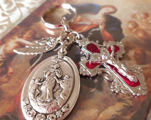 イタリア製結び目を解くマリア様&キリストの十字架(赤)&天使のローズ