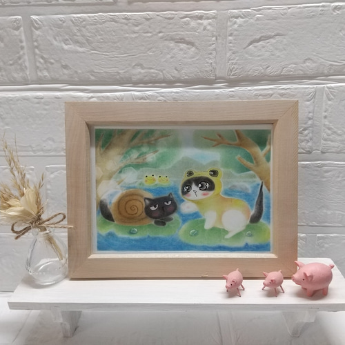 ◇原画◇ 『カエルとカタツムリに変身しただニャー♪』猫 癒し