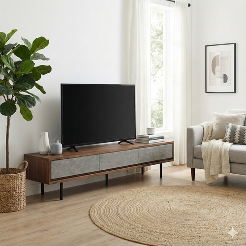 無垢】テレビボード 180㎝ ダークブラウン モルタル風 鉄脚 テレビ台