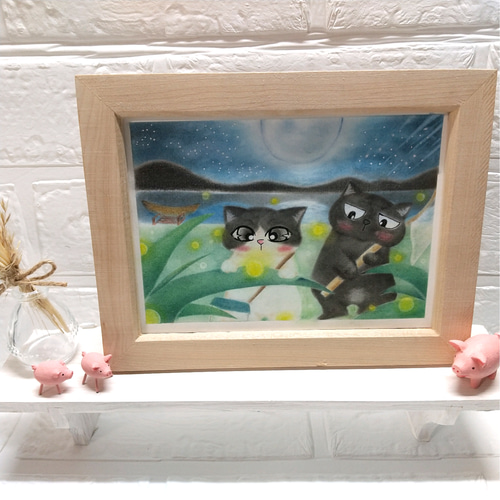 ◇原画◇ 『 ホタル を探しにLet's Goだニャー♪』猫 癒し パステル