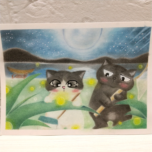 【原画】『森を出る太古の戦士』（猫の絵　猫グッズ　苔　パステル画） ◇原画◇ 『 ホタル を探しにLet's Goだニャー♪』猫 癒し パステル