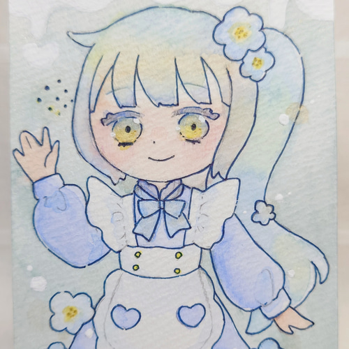 手描きイラスト オリジナル アナログ ミモザ ミモザと少女＊ 今年はミモザをお家に飾りたいな〜と 思いつつ