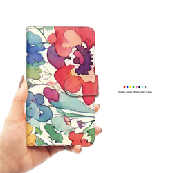 レトロ調 水彩フラワー スマホケース 手帳型 花柄 カードスロット ストラップホール付き アイフォンカバー 1枚目の画像