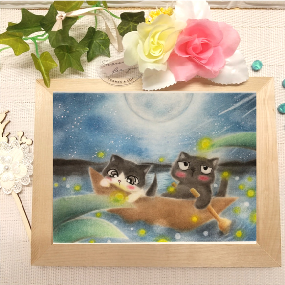 ◆原画◆  『 川 辺の ホタル もこれまた綺麗だニャー♪』猫 癒し パステル アート 雑貨 1枚目の画像