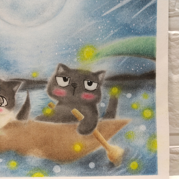 ◆原画◆  『 川 辺の ホタル もこれまた綺麗だニャー♪』猫 癒し パステル アート 雑貨 3枚目の画像