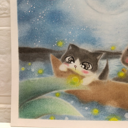 ◆原画◆  『 川 辺の ホタル もこれまた綺麗だニャー♪』猫 癒し パステル アート 雑貨 2枚目の画像