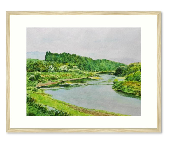 絵画　水彩画　風景画　画題「橋から望む阿賀野川」 2枚目の画像