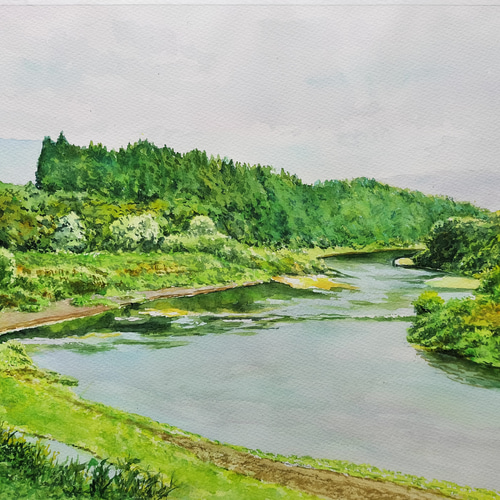 絵画 水彩画 風景画 画題「橋から望む阿賀野川」 絵画