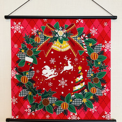 12月ウォールデコ【クリスマスリース】軸付きタペストリー 12月壁飾り 玄関飾り トナカイ サンタクロース 安心の追跡 2枚目の画像