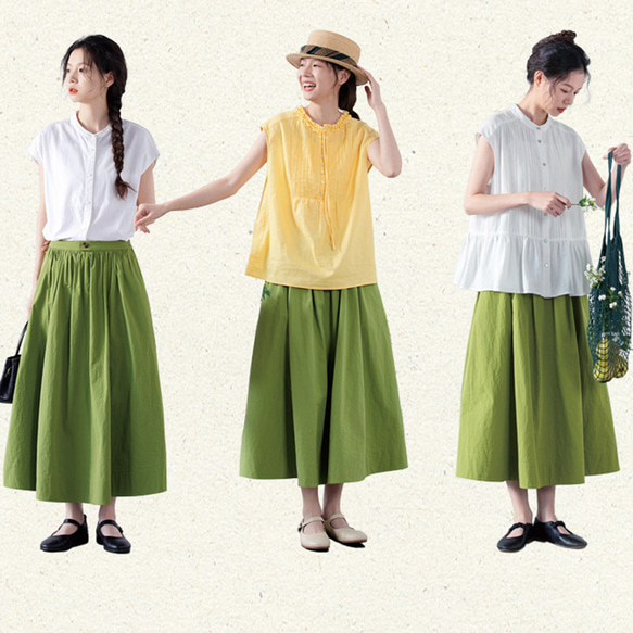 ゴムウエストスカート　ゆとりスカート　100%コットンスカート　グリーンXS-Mサイズ　S263GR　 14枚目の画像
