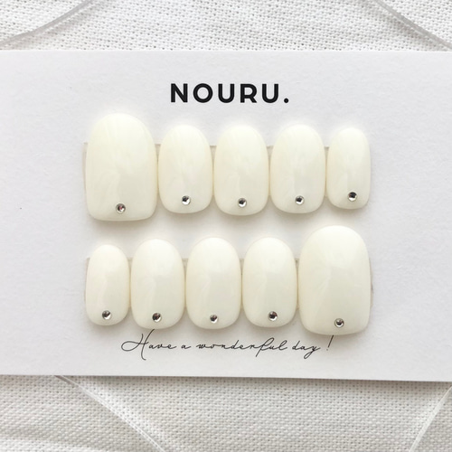 34))ストーンネイル 乳白色ホワイト フレンチガーリー ネイルチップ