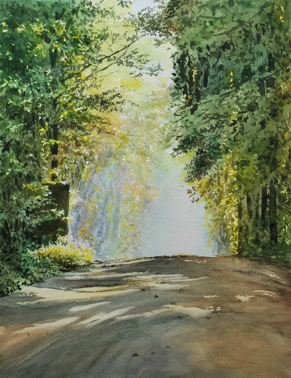 絵画　水彩画　風景画　画題「林道を走る」 1枚目の画像
