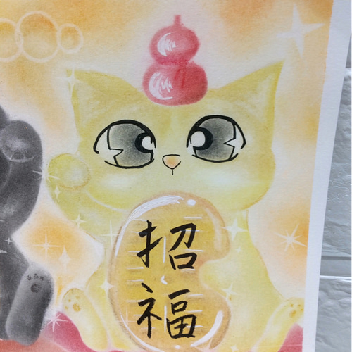 ◇原画◇ 『 招き猫 になるんだニャー♪』猫 癒し パステル アート