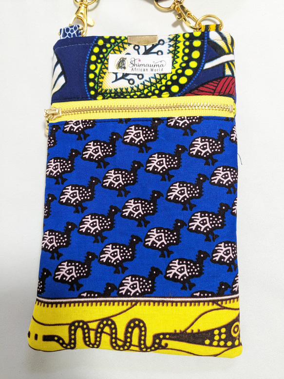 アフリカ布  3つポケット スマホショルダー❤️青いほろほろ鳥とリーフ 5枚目の画像