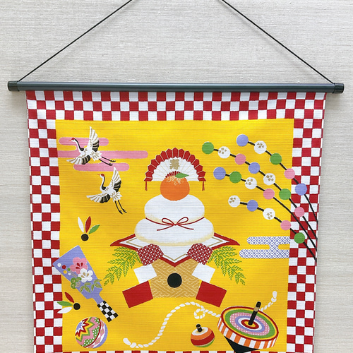 1月ウォールデコ【一松 鏡餅】軸付きタペストリー お正月タペストリー