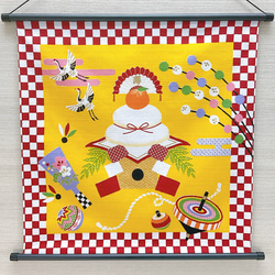 1月ウォールデコ【一松 鏡餅】軸付きタペストリー お正月タペストリー