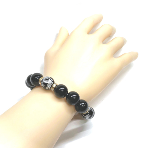 12mm 四神獣銀彫オニキス×モリオン(黒水晶) ブレスレット天然石