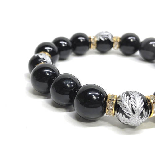 12mm 四神獣銀彫オニキス×モリオン(黒水晶) ブレスレット天然石 運気