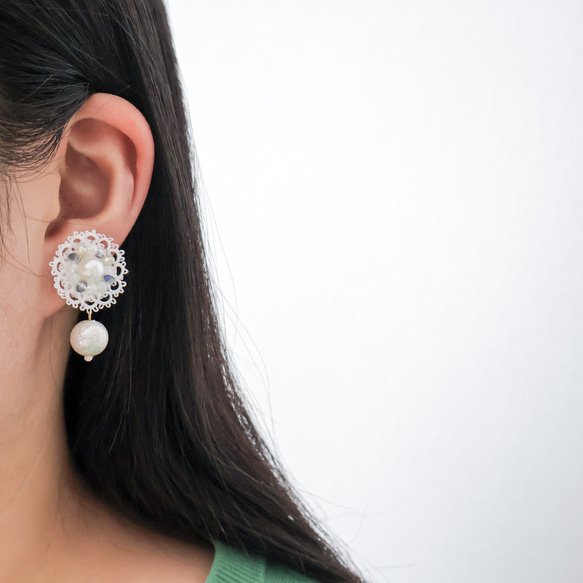【white】タティングレース×ビーズ刺繍pierce/earring 3枚目の画像