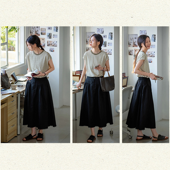 綿麻スカート　ゴムウエストスカート　　ブラック　S-Lサイズ S265BL 3枚目の画像