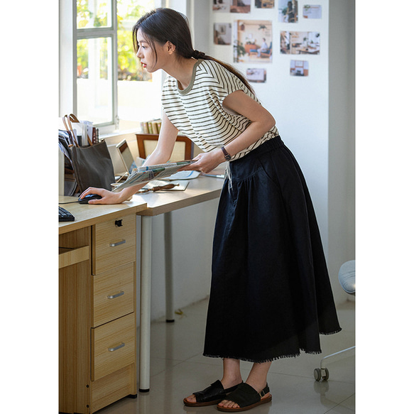 綿麻スカート　ゴムウエストスカート　　ブラック　S-Lサイズ S265BL 2枚目の画像
