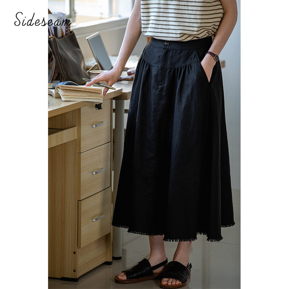 綿麻スカート　ゴムウエストスカート　　ブラック　S-Lサイズ S265BL 1枚目の画像