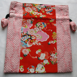 ７７３５　絞りと花柄の着物で作った巾着袋　＃送料無料 3枚目の画像