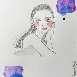 オリジナル手描きイラスト #10 「心の浄化」 鉛筆画と水彩画のおしゃれな美人画アート  B5パープル紫 2枚目の画像