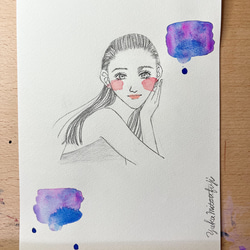 オリジナル手描きイラスト #10 「心の浄化」 鉛筆画と水彩画のおしゃれな美人画アート  B5パープル紫 1枚目の画像