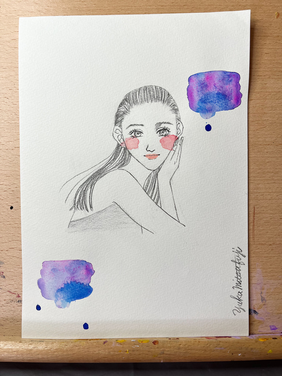 オリジナル手描きイラスト #10 「心の浄化」 鉛筆画と水彩画のおしゃれな美人画アート  B5パープル紫 1枚目の画像