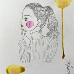 【委託販売中】オリジナル手描きイラスト #11「Yellow」鉛筆画と水彩画のおしゃれな美人画アート  B5イエロー黄色 2枚目の画像