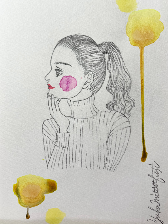 【委託販売中】オリジナル手描きイラスト #11「Yellow」鉛筆画と水彩画のおしゃれな美人画アート  B5イエロー黄色 2枚目の画像