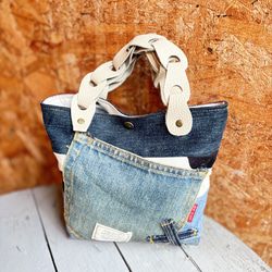 デニムパッチワークミニトートバッグ ハンドメイド トートバッグ
