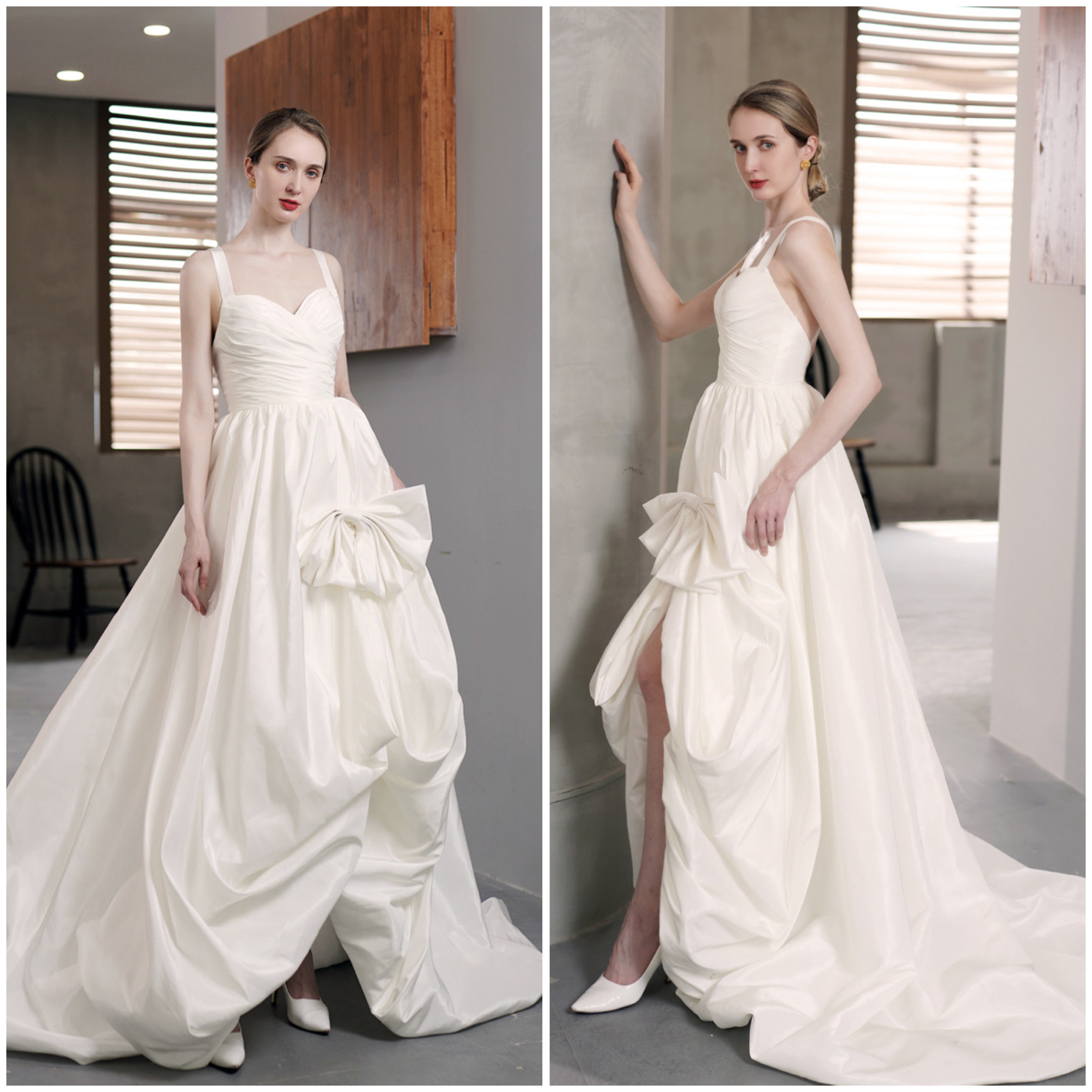 サテン キャミソール リボン スリット 二次会 前撮り ウェディングドレス（WD242205）