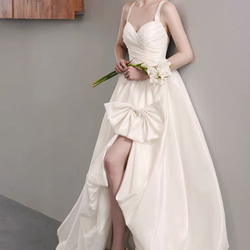 サテン キャミソール リボン スリット 二次会 前撮り ウェディングドレス（WD242205） 4枚目の画像