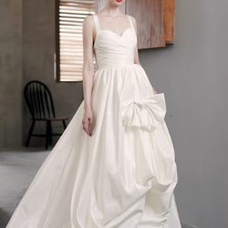 サテン キャミソール リボン スリット 二次会 前撮り ウェディングドレス（WD242205） 5枚目の画像
