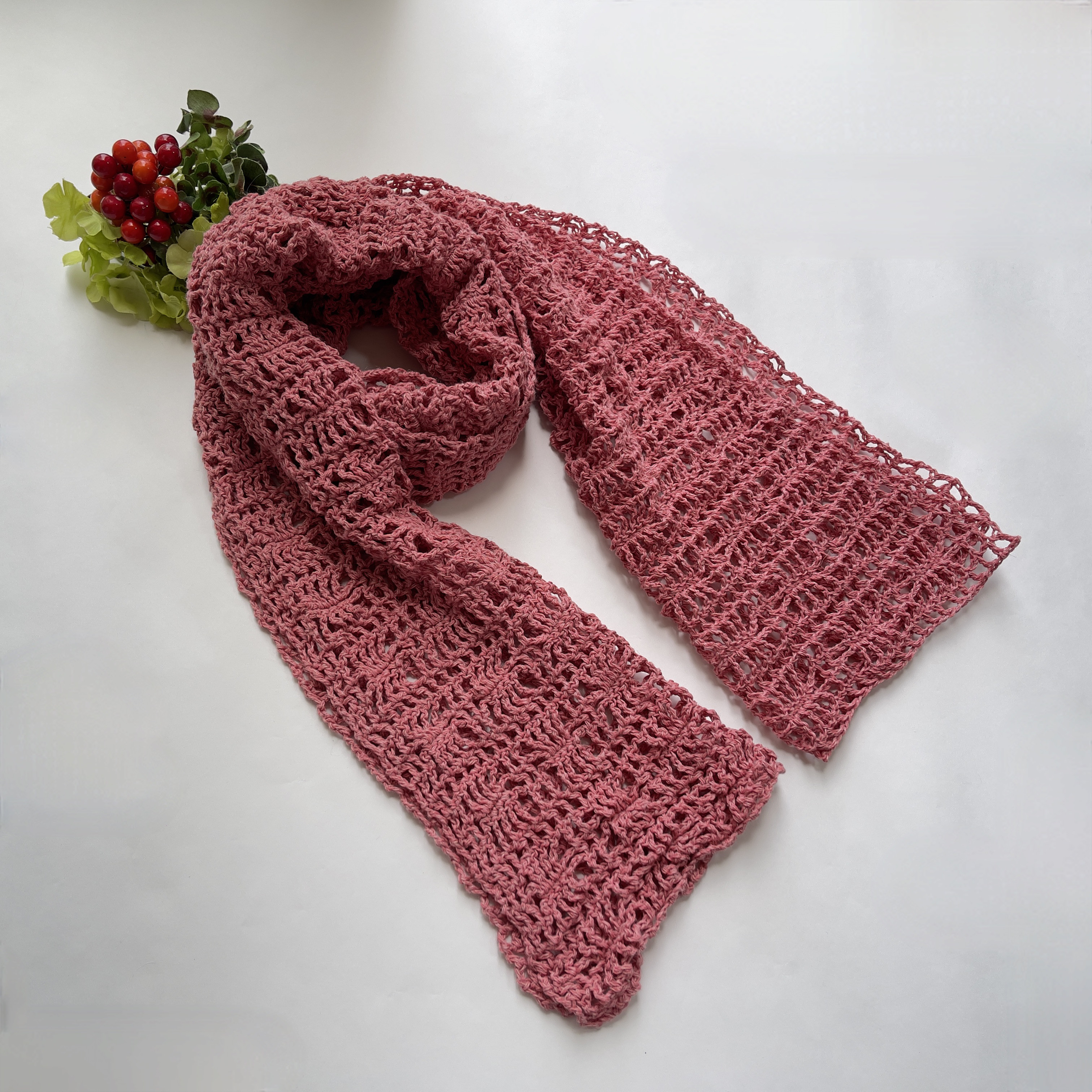 ☆柔らか変わり模様編みストール／コットン×レーヨン混紡糸♪オレンジピンク系♪ハンドメイド☆【ショール／ストール】